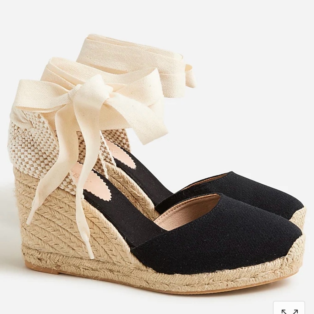 NIB J.Crew Canvas Made-in-Spain lace-up high-heel espadrille wedge Sz 6.5 Black